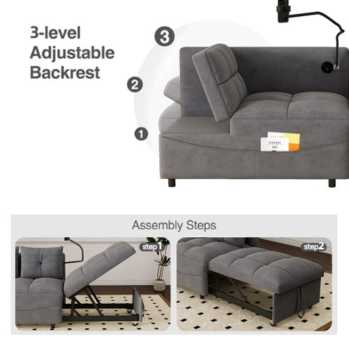 Multi-Length Versatile Foldable Velvet Sofa Bed, Modern Pull-Out Loveseat with Adjustable Back, USB port, and Swivel Phone Holder