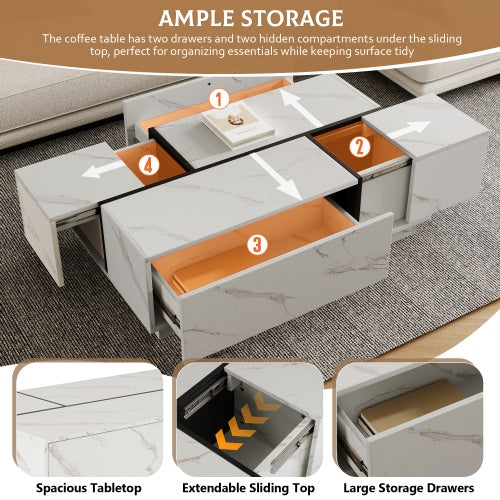 Rectangular Sliding Top Coffee Table With 2 Drawers And 2 Hidden Storage For Living Room.