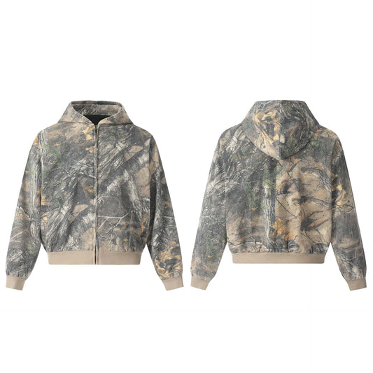 Vintage Tree-Print Camouflage Hooded Cardigan Sweater Jacket