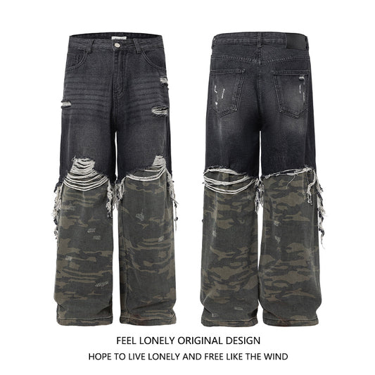 Men's USA High Street Camo Patchwork Wide-Leg Denim