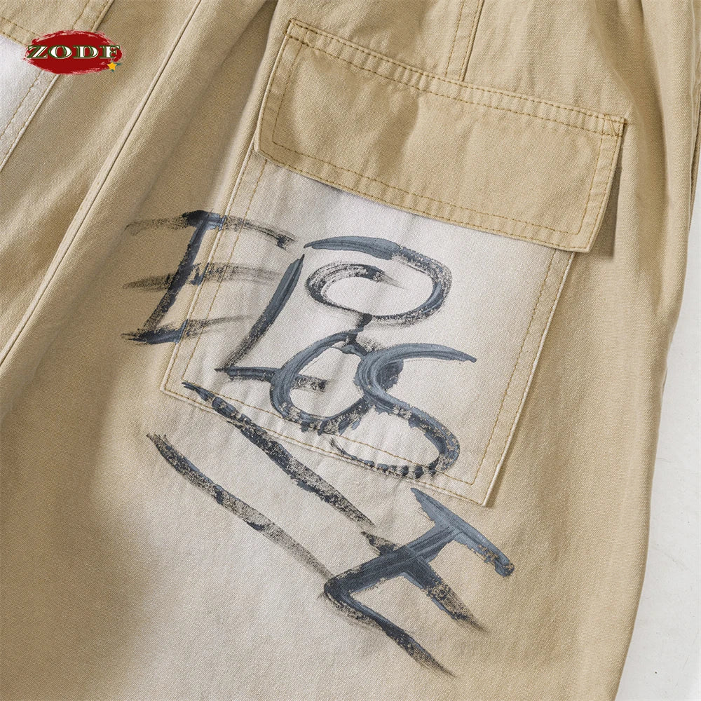 ZODF Trendy Spring Summer Men 270gsm Cotton Cargo Pants Unisex Casual Washed Painted Doodle Loose Double Knee Trousers HY0848