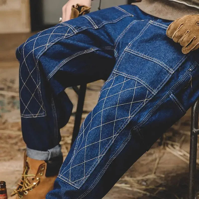 American Retro Work Jeans Men's Autumn Fashion Loose Open Thread Double Knee Thickened Wooden Straight Leg Denim Pants