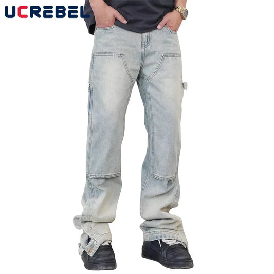 Washed Distressed Spliced Straight-leg Pants Mens Double Knee High Street Bottom Side Buttons Carpenter Jeans Men