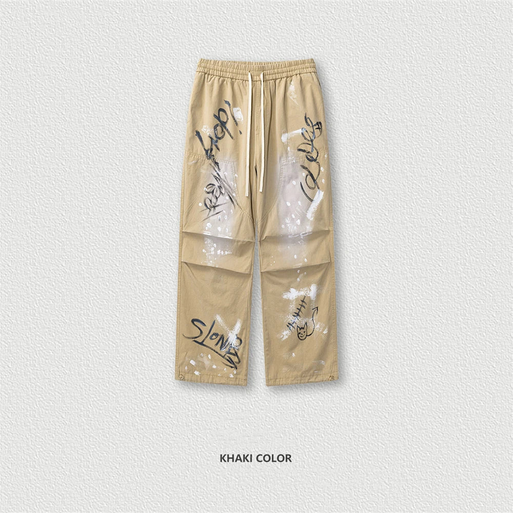 ZODF Trendy Spring Summer Men 270gsm Cotton Cargo Pants Unisex Casual Washed Painted Doodle Loose Double Knee Trousers HY0848