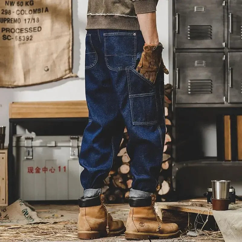 American Retro Work Jeans Men's Autumn Fashion Loose Open Thread Double Knee Thickened Wooden Straight Leg Denim Pants