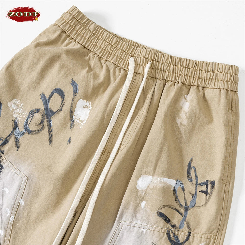 ZODF Trendy Spring Summer Men 270gsm Cotton Cargo Pants Unisex Casual Washed Painted Doodle Loose Double Knee Trousers HY0848