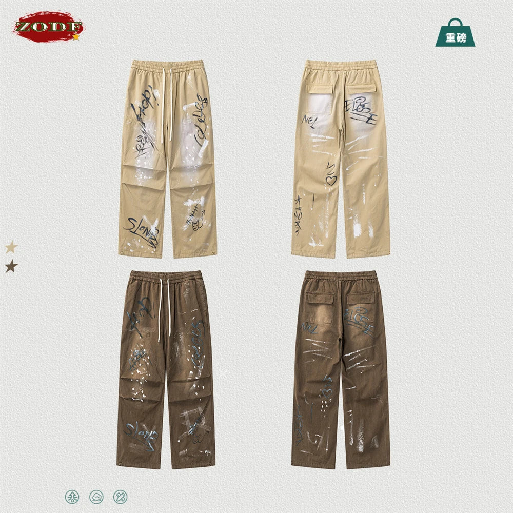 ZODF Trendy Spring Summer Men 270gsm Cotton Cargo Pants Unisex Casual Washed Painted Doodle Loose Double Knee Trousers HY0848