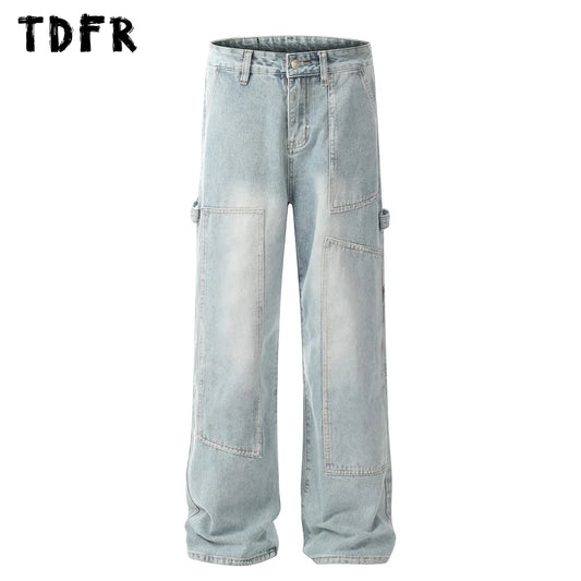Double Knee Carpenter Denim Pants Mens Streetwear Straight Loose Wide Leg Washed Distressed Jeans Men Trousers