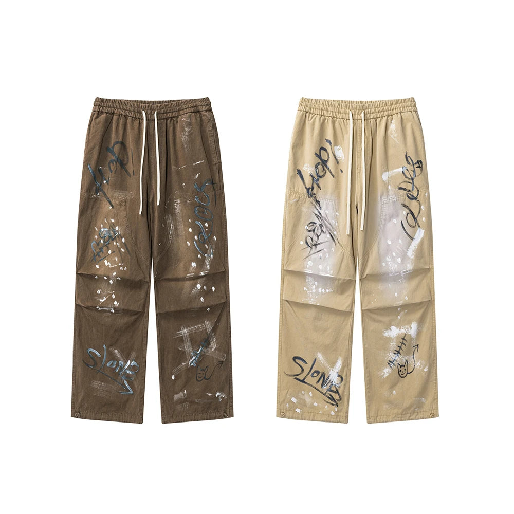 ZODF Trendy Spring Summer Men 270gsm Cotton Cargo Pants Unisex Casual Washed Painted Doodle Loose Double Knee Trousers HY0848