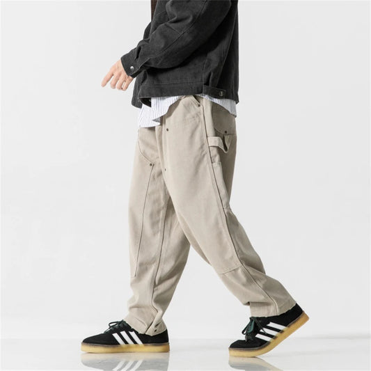 Mens Canvas Cargo Pants Harajuku Vintage Baggy Casual Pant Trousers Men Japan Streetwear Double Knee Splice Wide Leg Pants Male