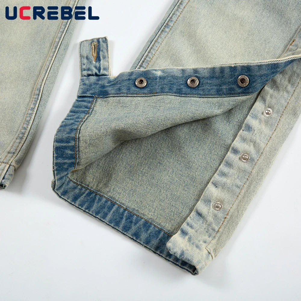 Washed Distressed Spliced Straight-leg Pants Mens Double Knee High Street Bottom Side Buttons Carpenter Jeans Men