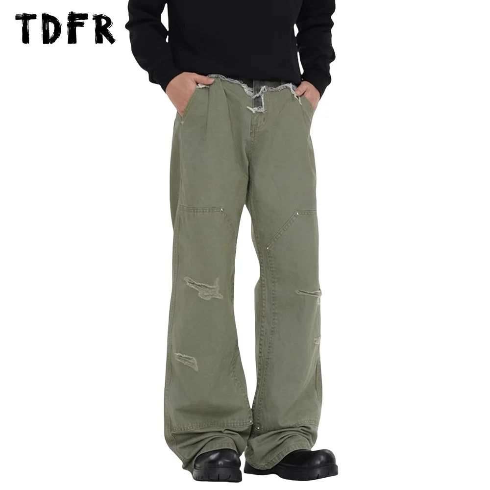 Ripped Spliced Cargo Pants Mens Double Knee Streetwear Loose Straight Carpenter Pant Men Trousers