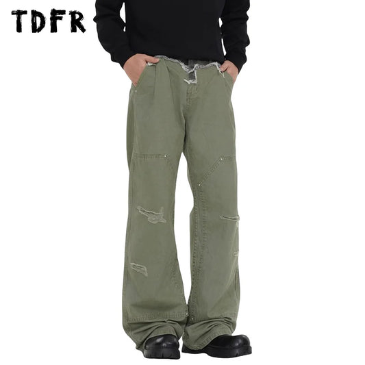 Ripped Spliced Cargo Pants Mens Double Knee Streetwear Loose Straight Carpenter Pant Men Trousers