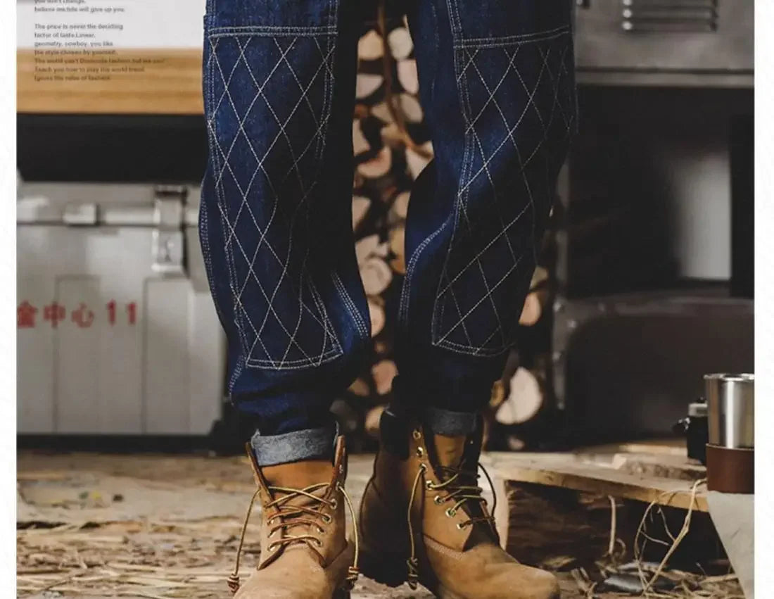 American Retro Work Jeans Men's Autumn Fashion Loose Open Thread Double Knee Thickened Wooden Straight Leg Denim Pants