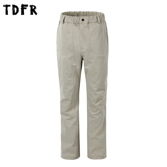 Solid Color Spliced Carpenter Pant Mens Double Knee Safari Style Elastic Waist Loose Cargo Pants Men Trousers