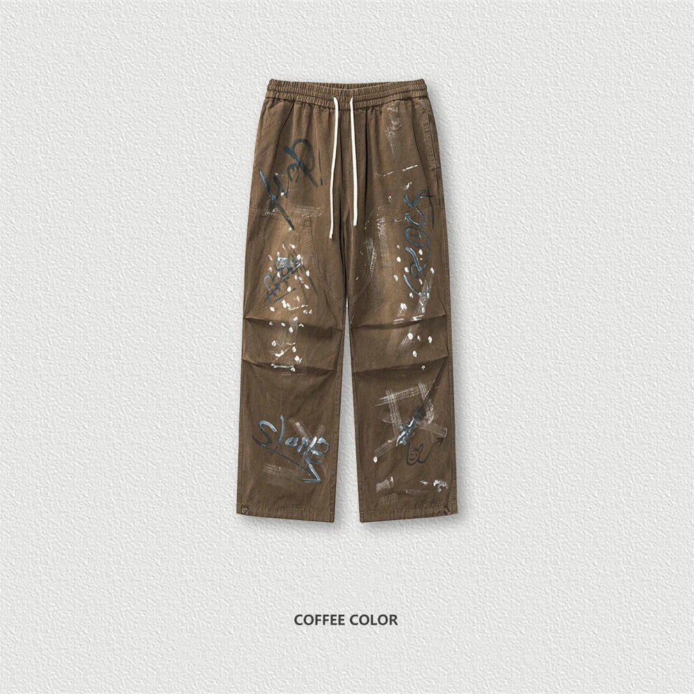 ZODF Trendy Spring Summer Men 270gsm Cotton Cargo Pants Unisex Casual Washed Painted Doodle Loose Double Knee Trousers HY0848