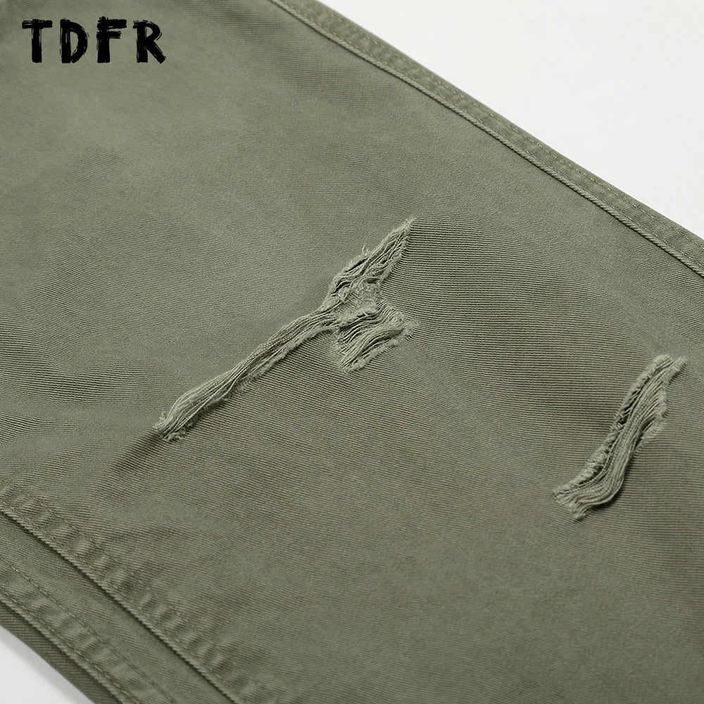 Ripped Spliced Cargo Pants Mens Double Knee Streetwear Loose Straight Carpenter Pant Men Trousers
