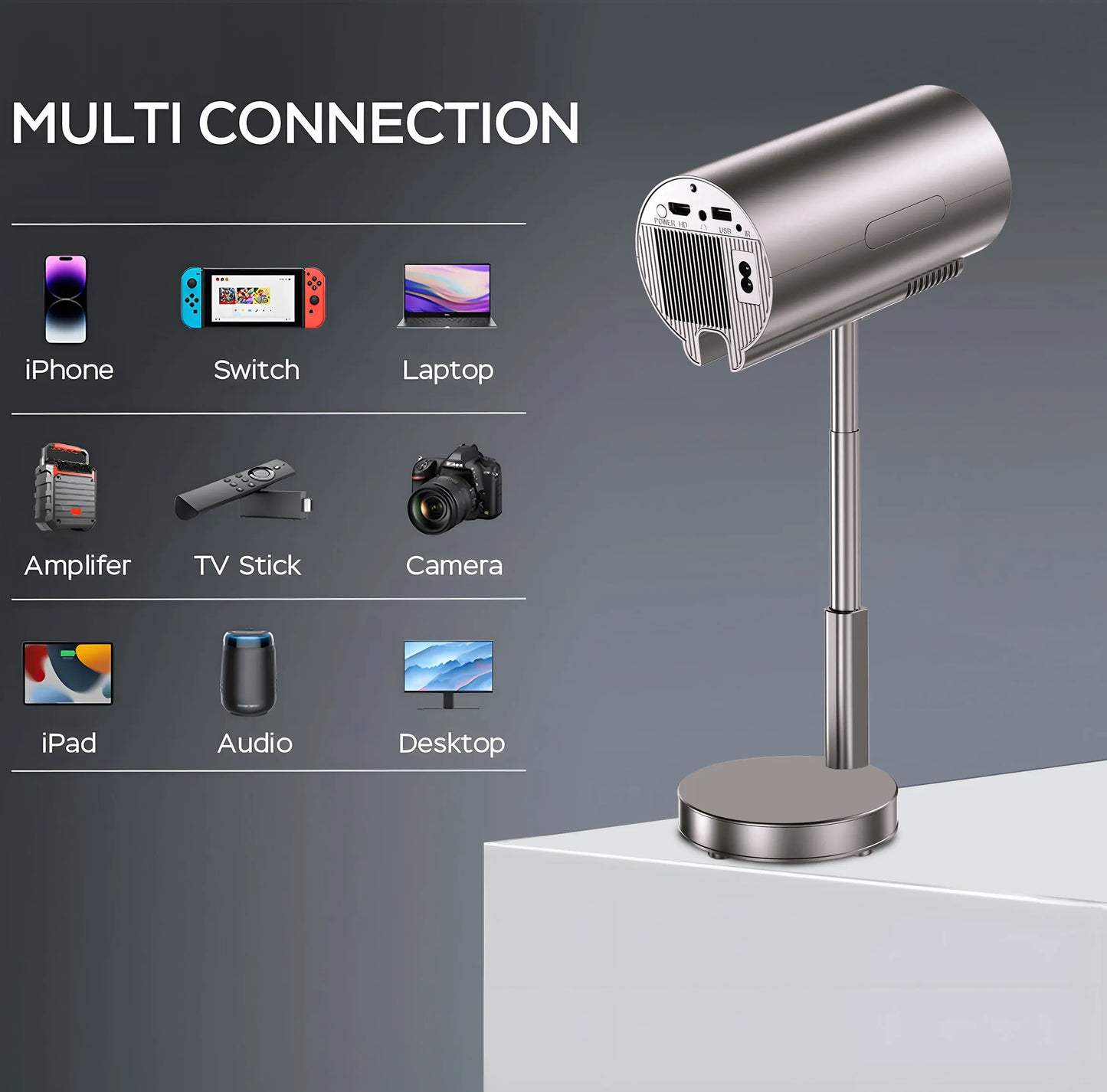 Feelwow Projector  Integrated 90°Adjust Stand Hight Adjustment  Native 1080p Support 4K  WiFi and Bluetooth Mini TS3