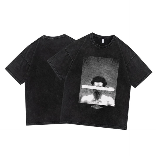 Summer Tide Portrait Print Acid Washed Cotton T-shirt