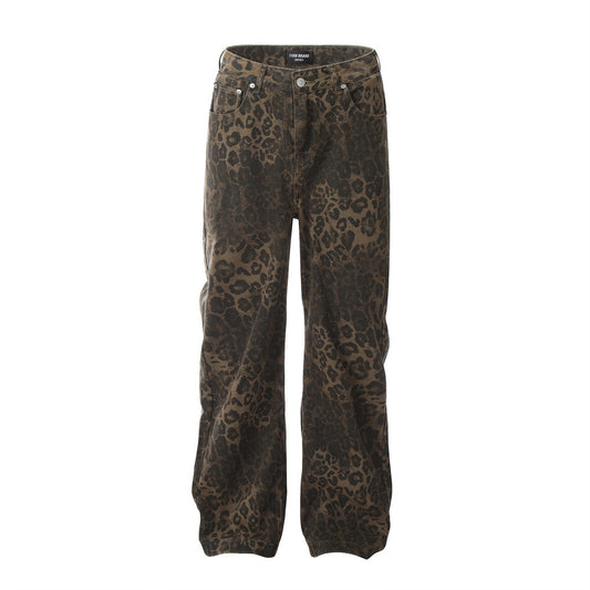 Leopard Print Loose Straight Trousers Men