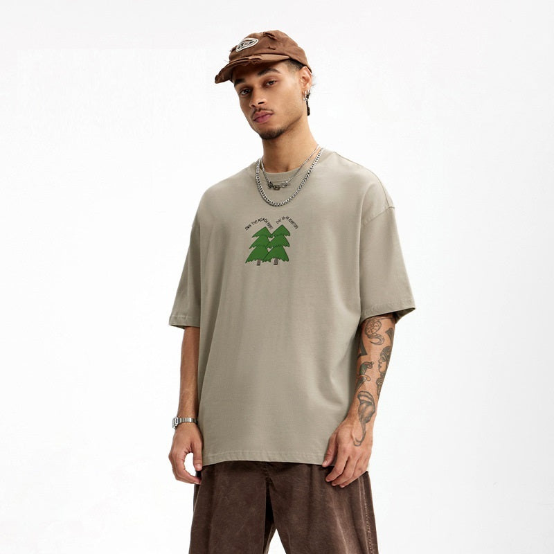 Casual Pine Puff-Print Pure Cotton T-Shirt