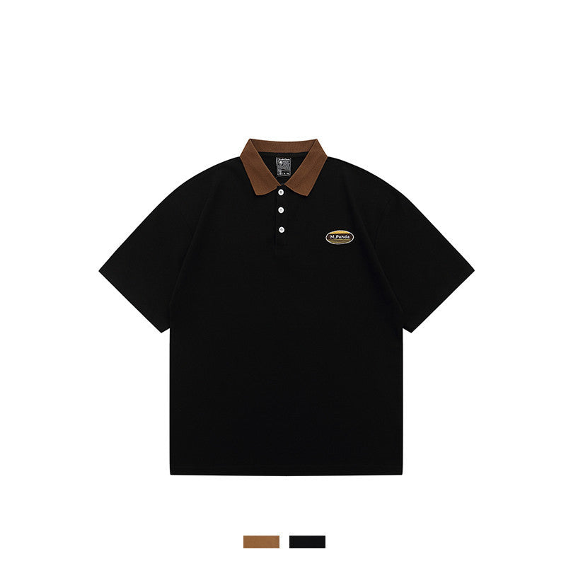 Retro Letter-Embroidered Contrast Lapel Short-Sleeve Shirt