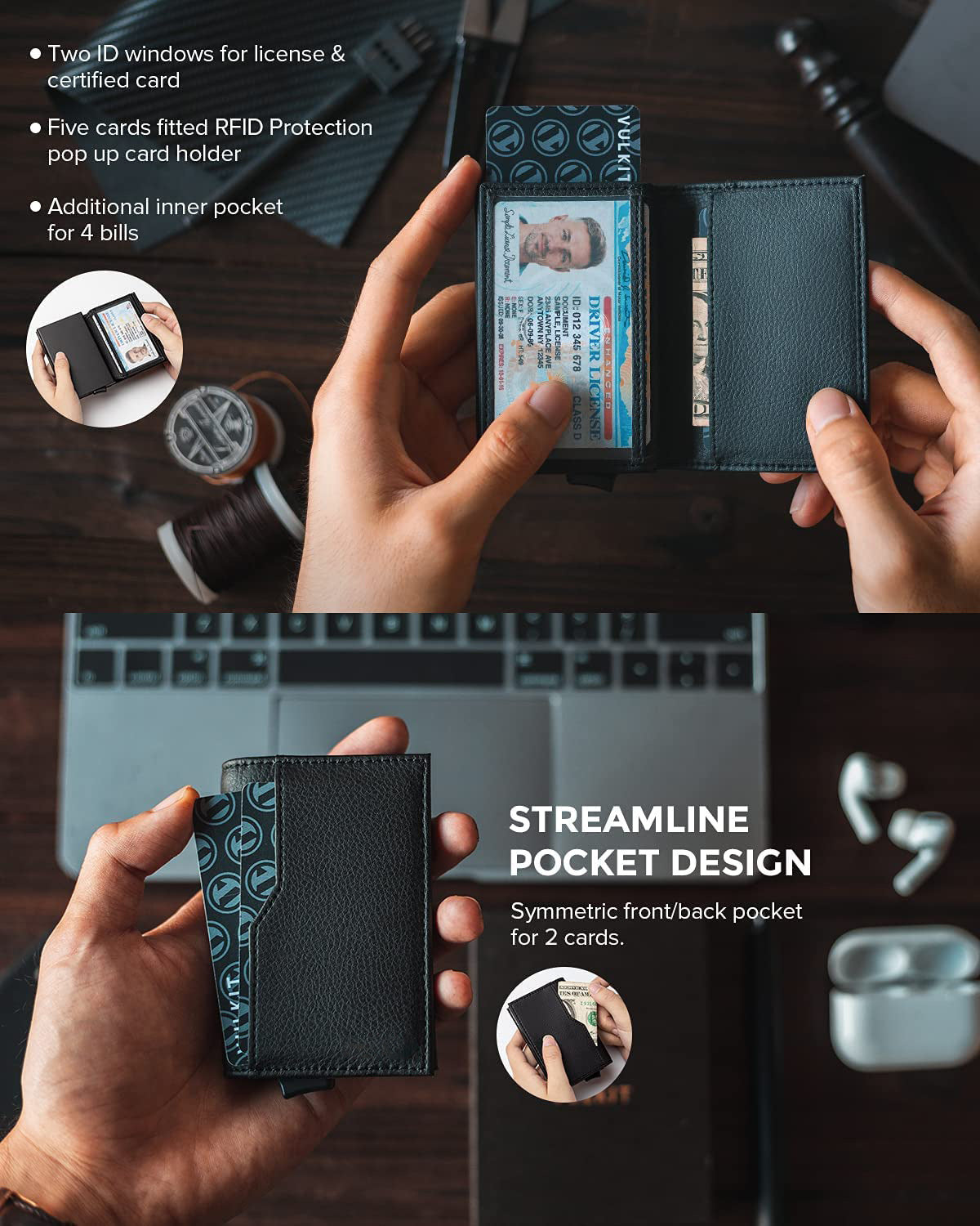 RFID-Blocking Leather Credit Card Wallet with Dual ID Windows and Automatic Pop-Up Feature