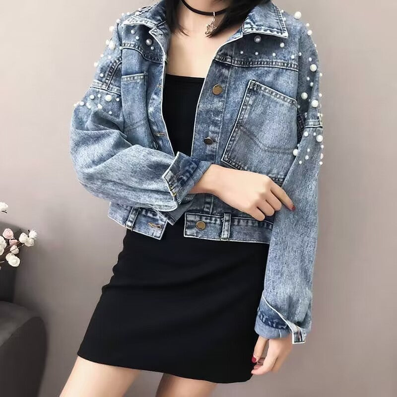 Heavy Industry Beads Denim Coat Women's Slimming