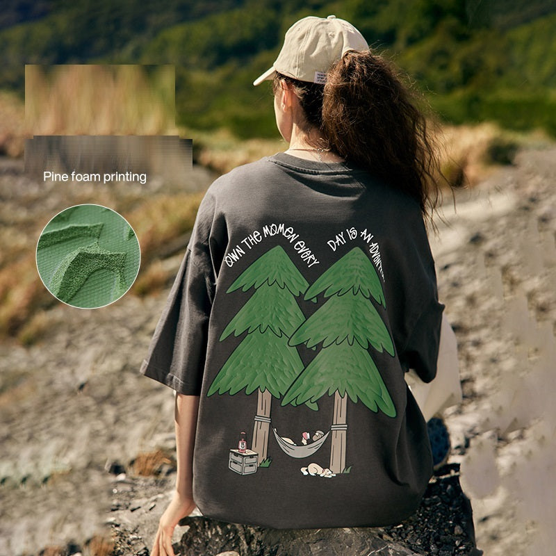 Casual Pine Puff-Print Pure Cotton T-Shirt